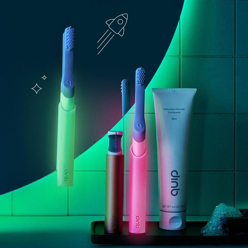 quip Sonic Toothbrush for Kids with Timer - Includes Extra Brush Head and Travel Cover Mount - Electric, Soft Bristle Refill Head, Rubber Handle, 3 Month Battery Life - Glow in The Dark, Green - Image 3
